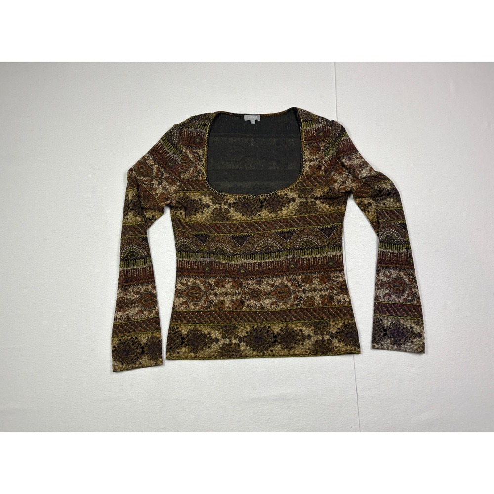 Per Una Womens Long Sleeve Scoop Neck Paisley Earth Tone Knit Top Brown Size 14